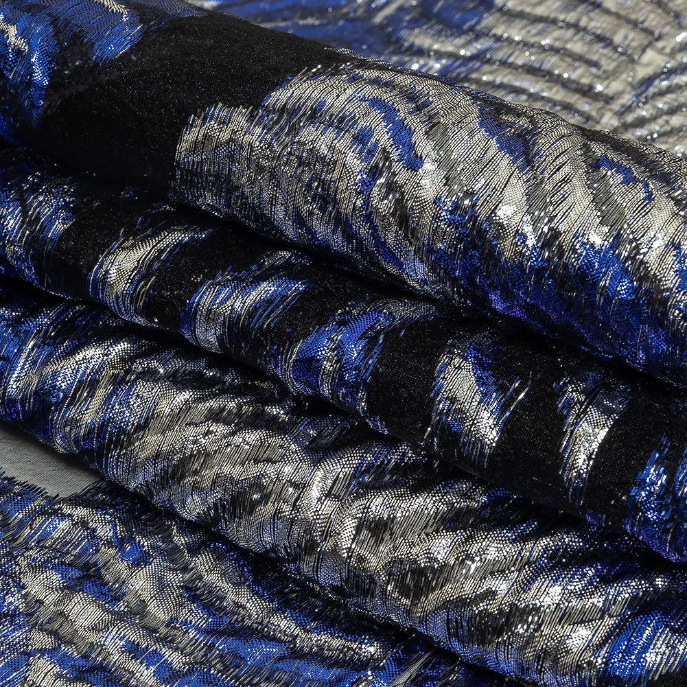 Metallic Silver and Royal Blue Leafy Luxury Burnout Brocade Folded