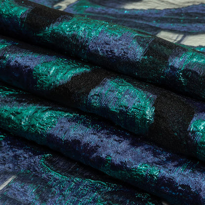 Metallic Teal and Navy Abstract Luxury Burnout Brocade Folded