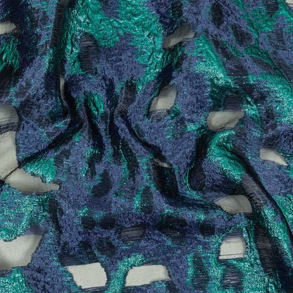 Metallic Teal and Navy Abstract Luxury Burnout Brocade