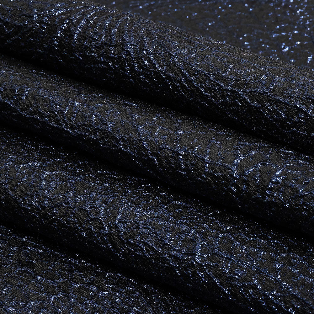 Metallic Navy and Black Fanning Leaf Veins Luxury Brocade Folded