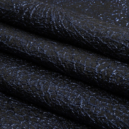 Metallic Navy and Black Fanning Leaf Veins Luxury Brocade Folded