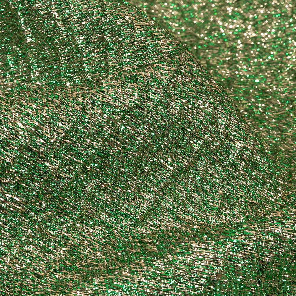 Metallic Kelly Green and Gold Crackle Luxury Brocade with Smooth White Backing Detail