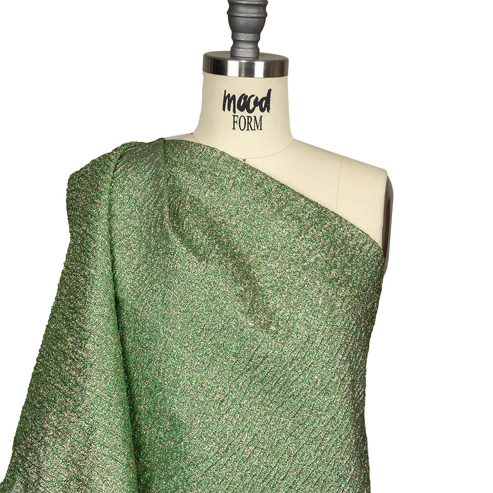 Metallic Kelly Green and Gold Crackle Luxury Brocade with Smooth White Backing Drape