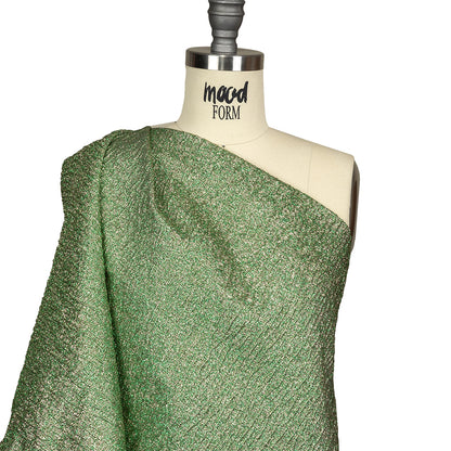 Metallic Kelly Green and Gold Crackle Luxury Brocade with Smooth White Backing Drape