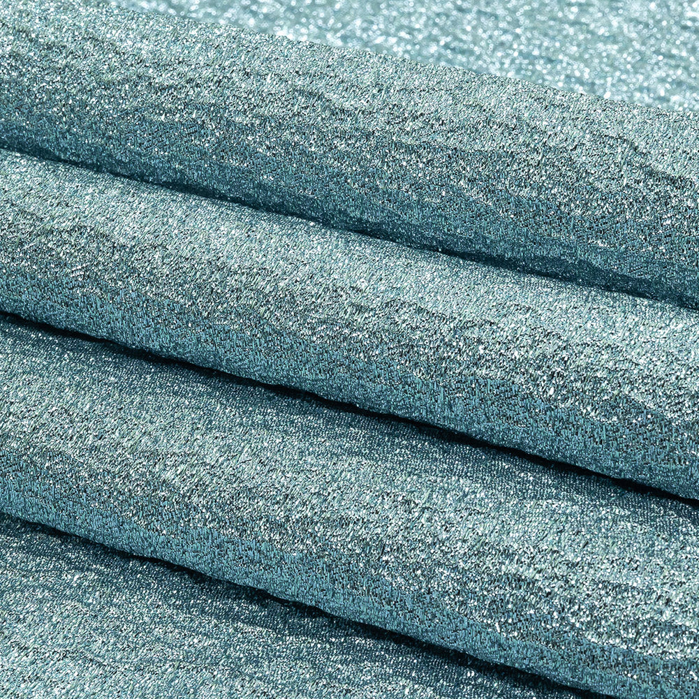 Metallic Sky and Silver Crackled Luxury Brocade with Smooth White Backing Folded