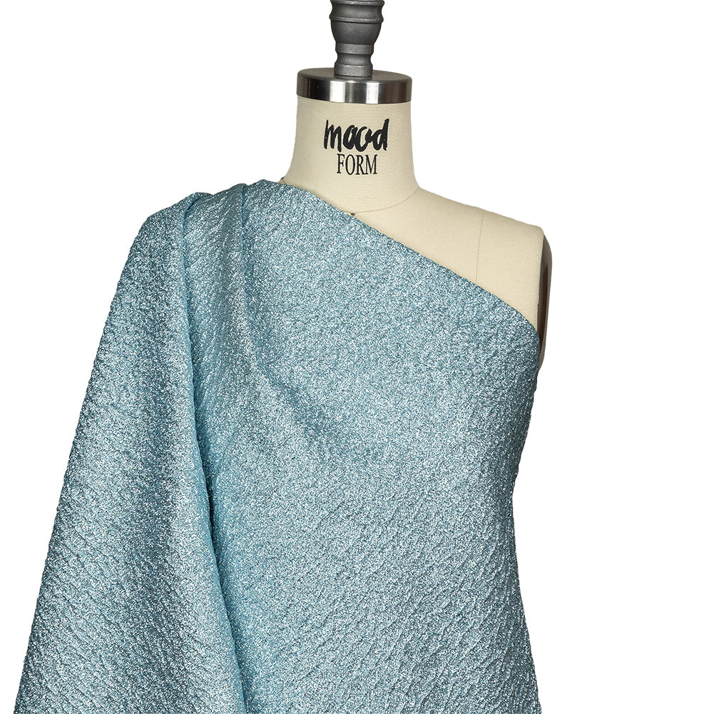 Metallic Sky and Silver Crackled Luxury Brocade with Smooth White Backing Drape