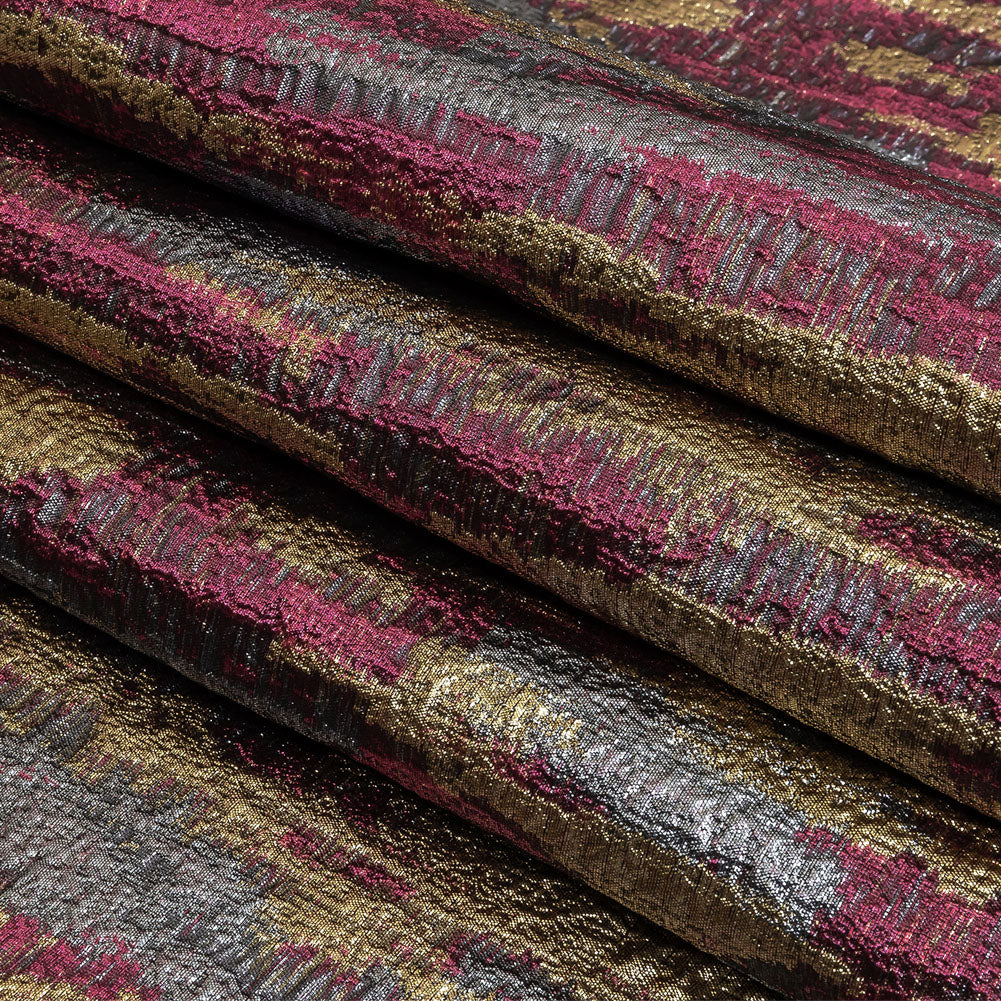 Metallic Magenta, Gold and Gunmetal Painterly Stripes Luxury Brocade Folded