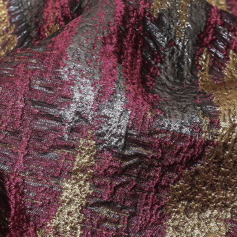 Metallic Magenta, Gold and Gunmetal Painterly Stripes Luxury Brocade Detail