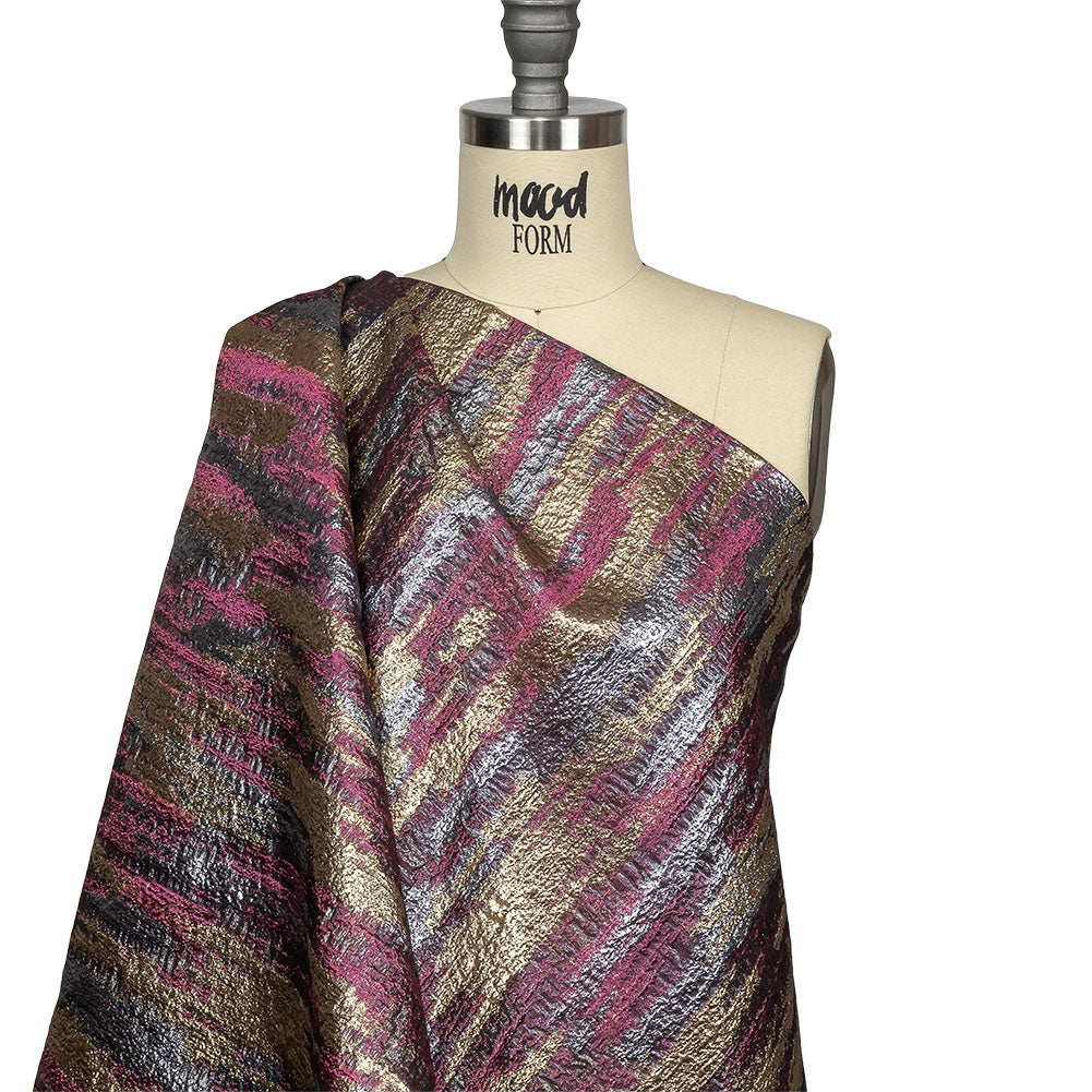 Metallic Magenta, Gold and Gunmetal Painterly Stripes Luxury Brocade Drape