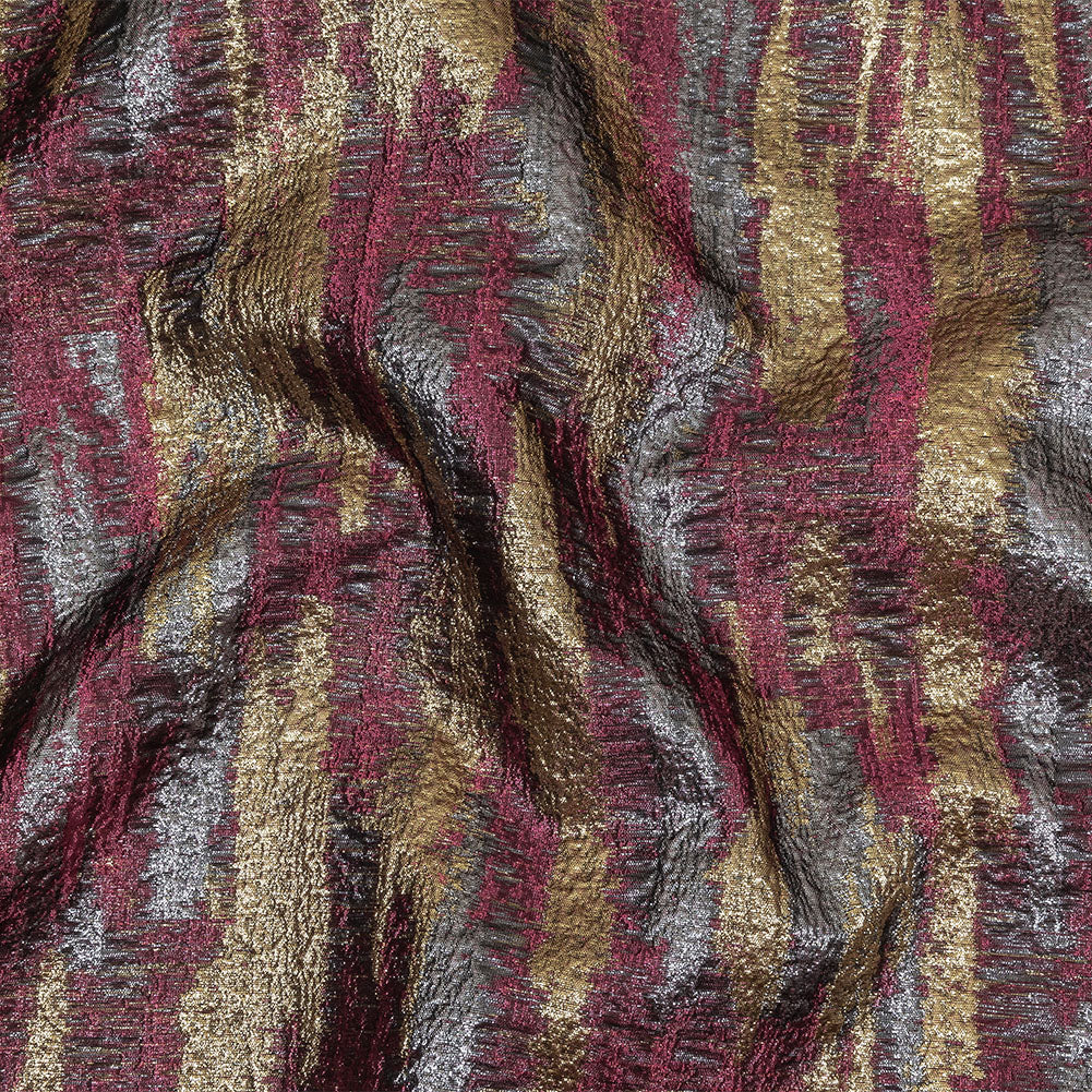 Metallic Magenta, Gold and Gunmetal Painterly Stripes Luxury Brocade