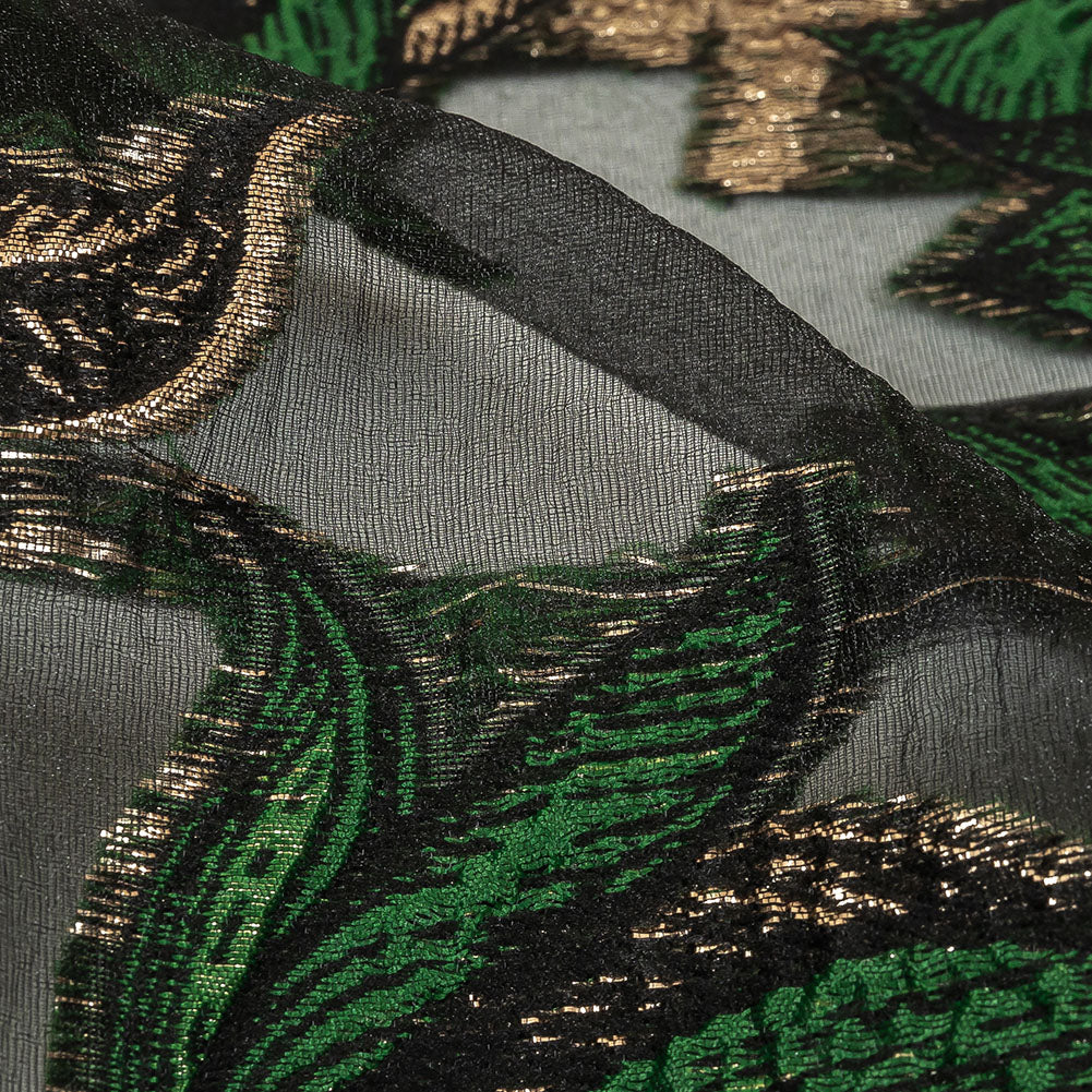 Metallic Gold, Green and Black Floral Luxury Burnout Brocade Detail