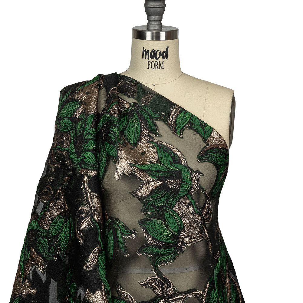 Metallic Gold, Green and Black Floral Luxury Burnout Brocade Drape