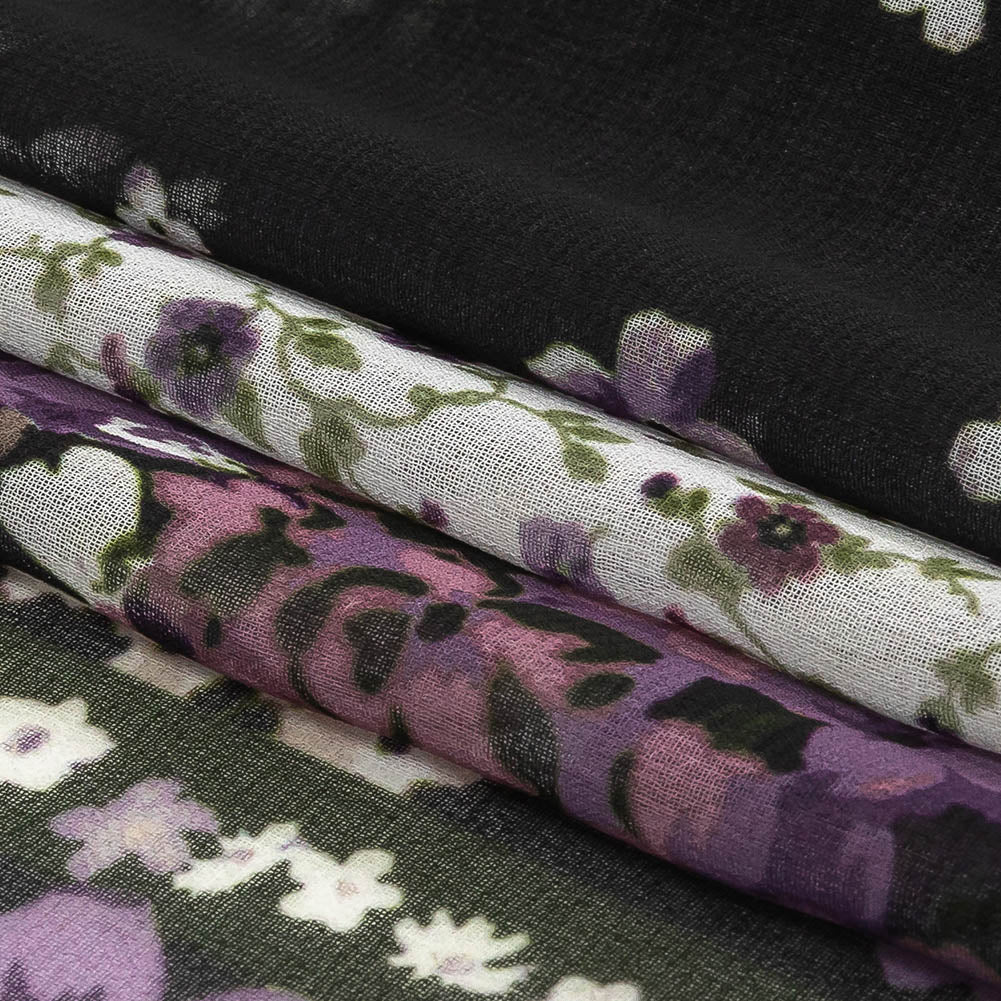 Purple, Green and Black Patchwork Floral Polyester Chiffon Folded