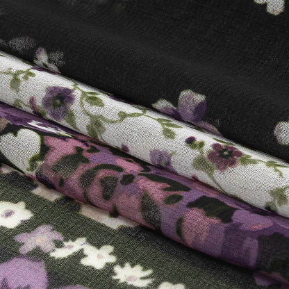 Purple, Green and Black Patchwork Floral Polyester Chiffon Folded