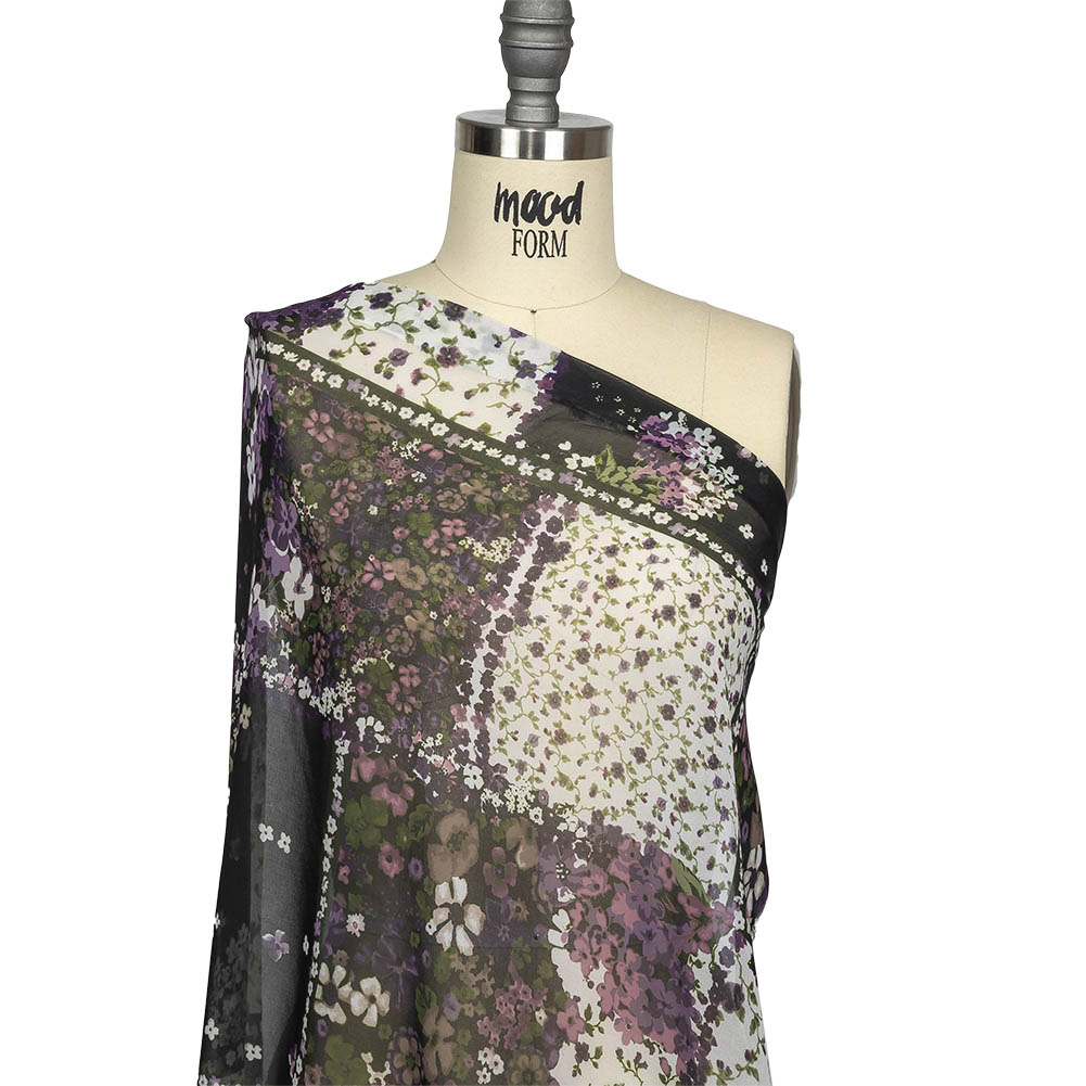 Purple, Green and Black Patchwork Floral Polyester Chiffon Drape