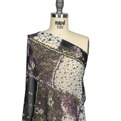 Purple, Green and Black Patchwork Floral Polyester Chiffon Drape