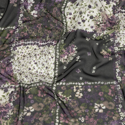 Purple, Green and Black Patchwork Floral Polyester Chiffon