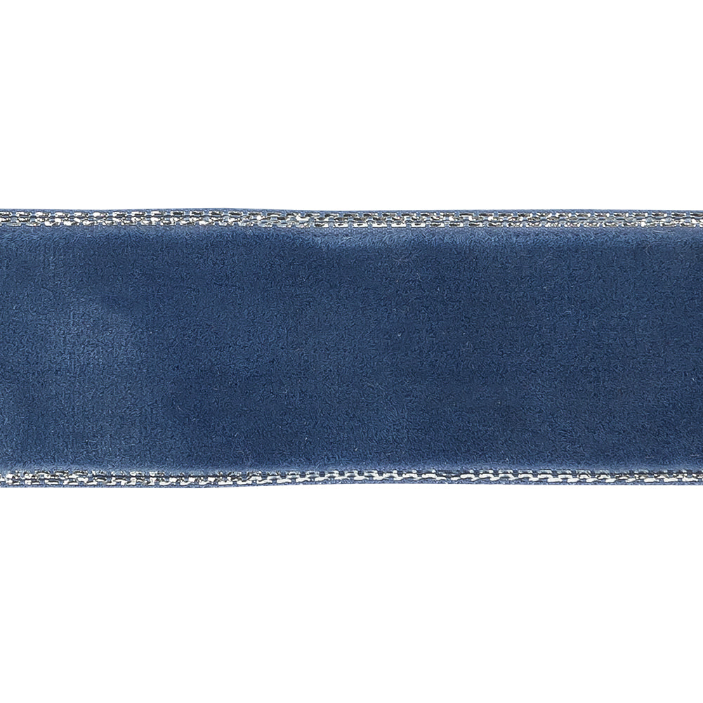 Navy Peony and Silver Metallic Lined Velvet Ribbon - 0.875" Detail