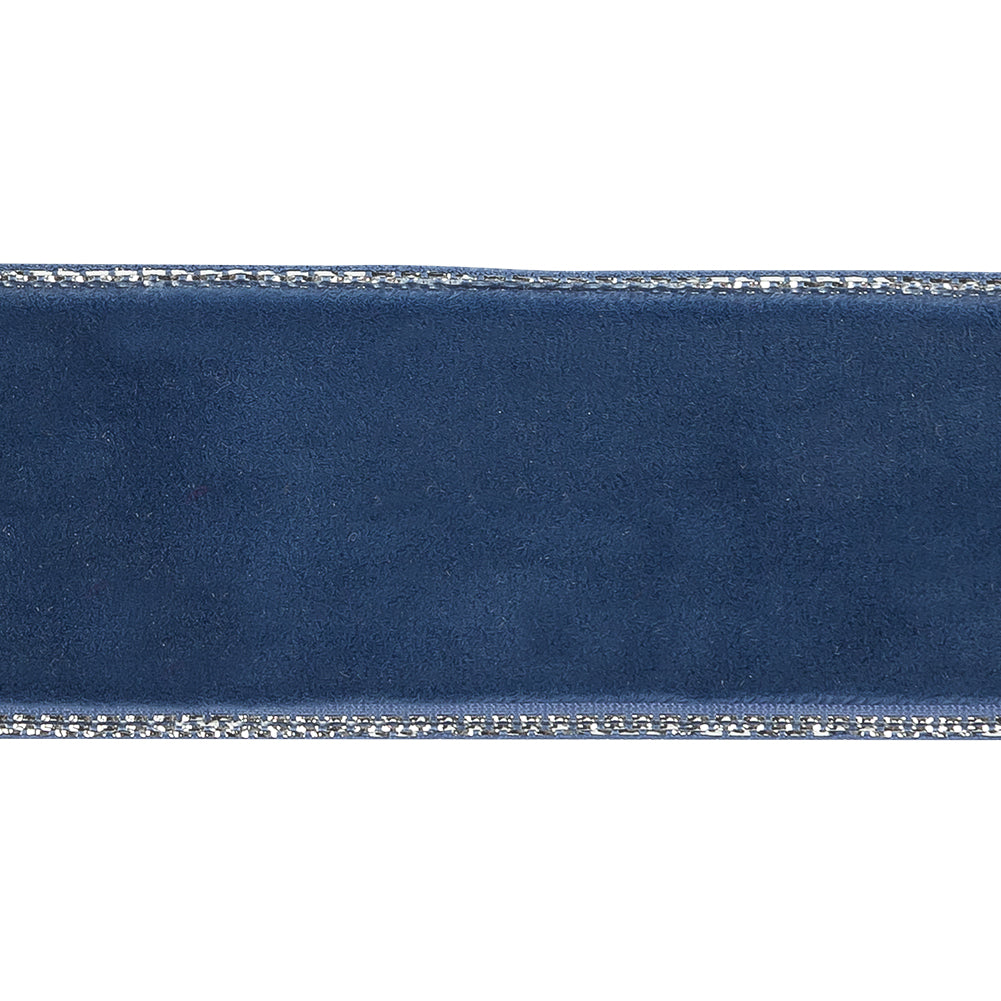 Navy Peony and Silver Metallic Lined Velvet Ribbon - 1" Detail