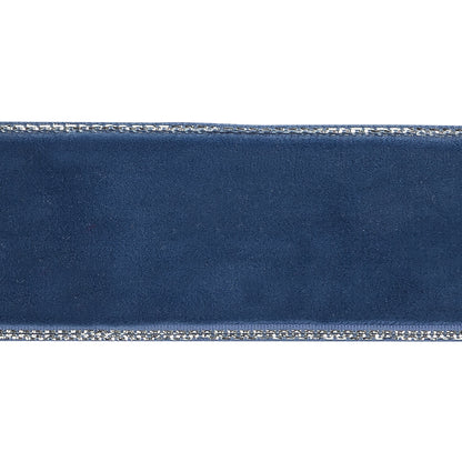 Navy Peony and Silver Metallic Lined Velvet Ribbon - 1" Detail