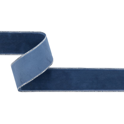 Navy Peony and Silver Metallic Lined Velvet Ribbon - 1"