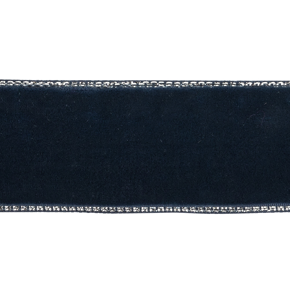 Dress Blues and Silver Metallic Lined Velvet Ribbon - 1" Detail