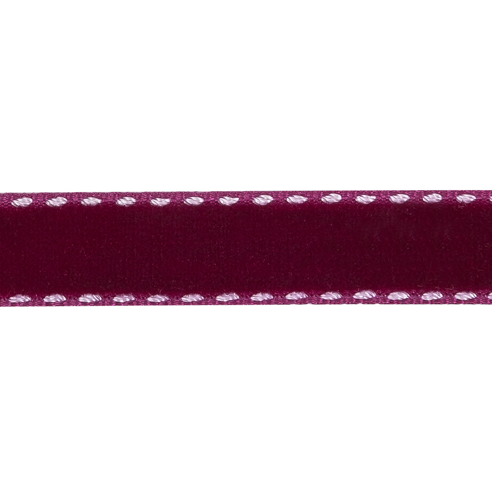 Faded Red and White Side-Stitched Velvet Ribbon - 0.5" Detail