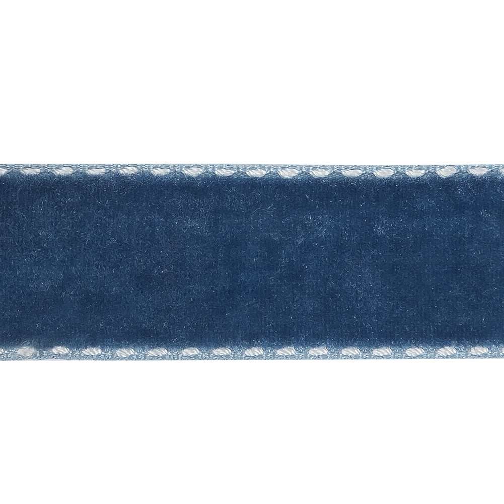 Navy Peony and White Side-Stitched Velvet Ribbon - 0.75" Detail