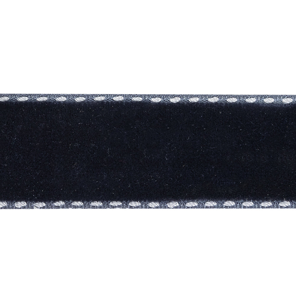 Dress Blues and White Side-Stitched Velvet Ribbon - 0.75" Detail