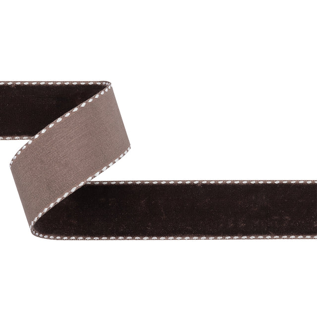 Faded Brown and White Side-Stitched Velvet Ribbon - 1"