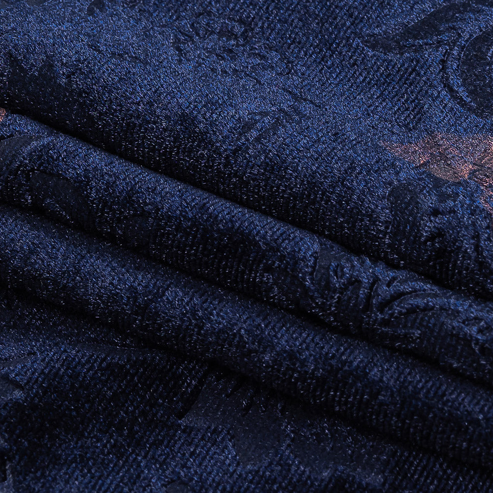 Navy and Metallic Rose Gold Floral Embossed Velour Folded