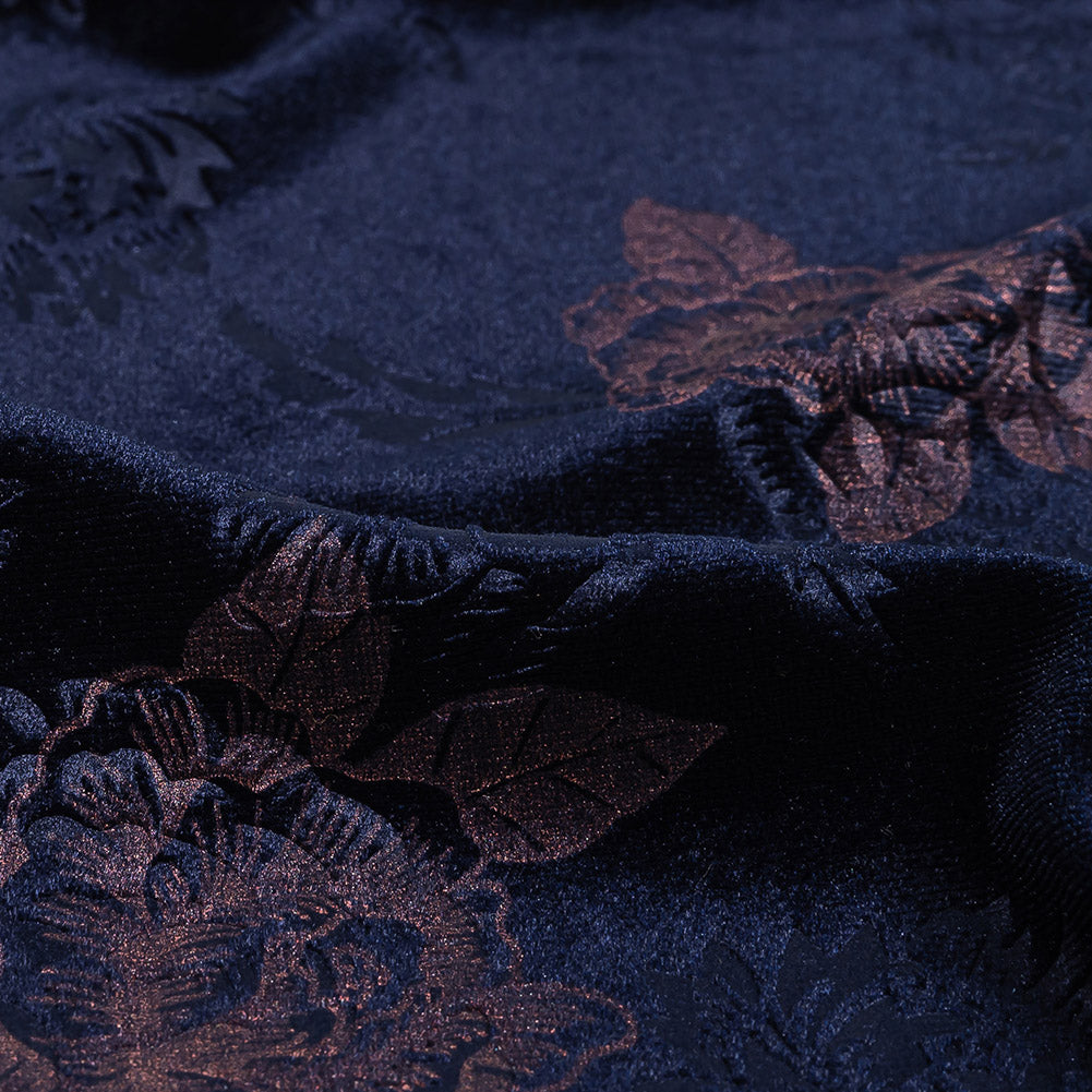Navy and Metallic Rose Gold Floral Embossed Velour Detail