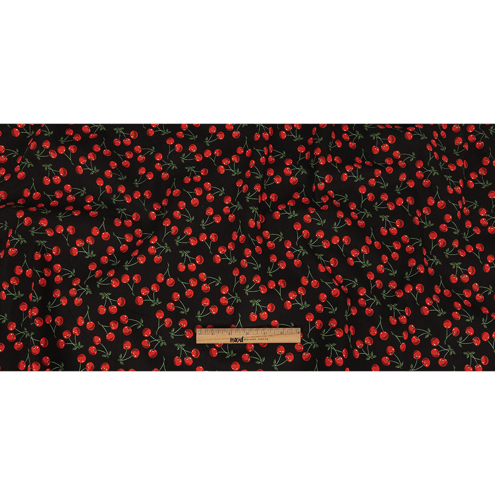 Black and Red Cherries Printed Stretch Cotton Denim Folded