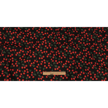 Black and Red Cherries Printed Stretch Cotton Denim Folded