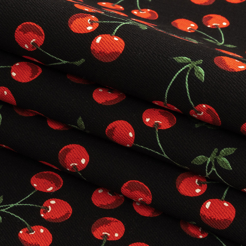 Black and Red Cherries Printed Stretch Cotton Denim Detail