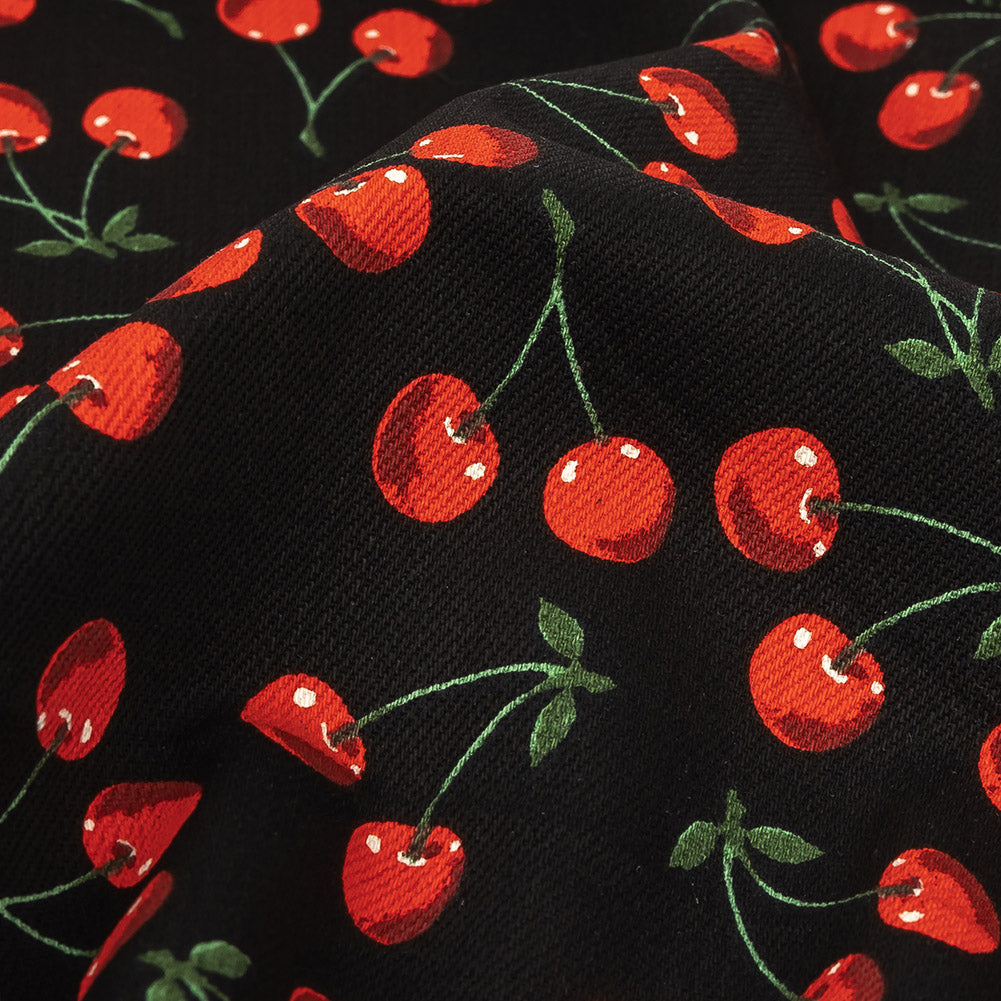 Black and Red Cherries Printed Stretch Cotton Denim Full