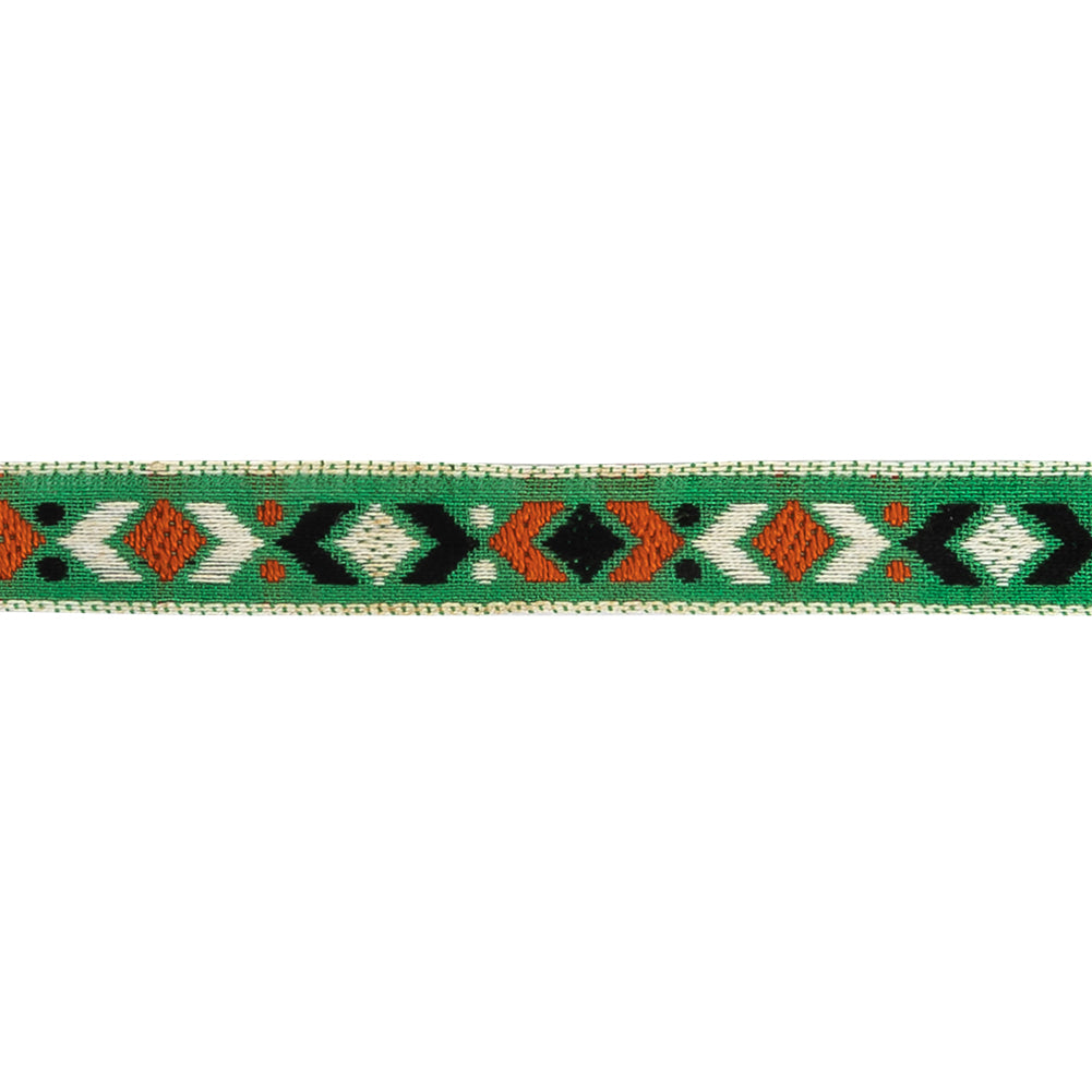 Green, Black and Orange Geometric German Jacquard Cotton Ribbon - 0.5" Detail