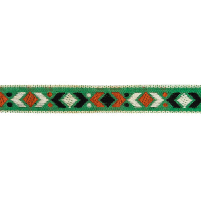 Green, Black and Orange Geometric German Jacquard Cotton Ribbon - 0.5" Detail