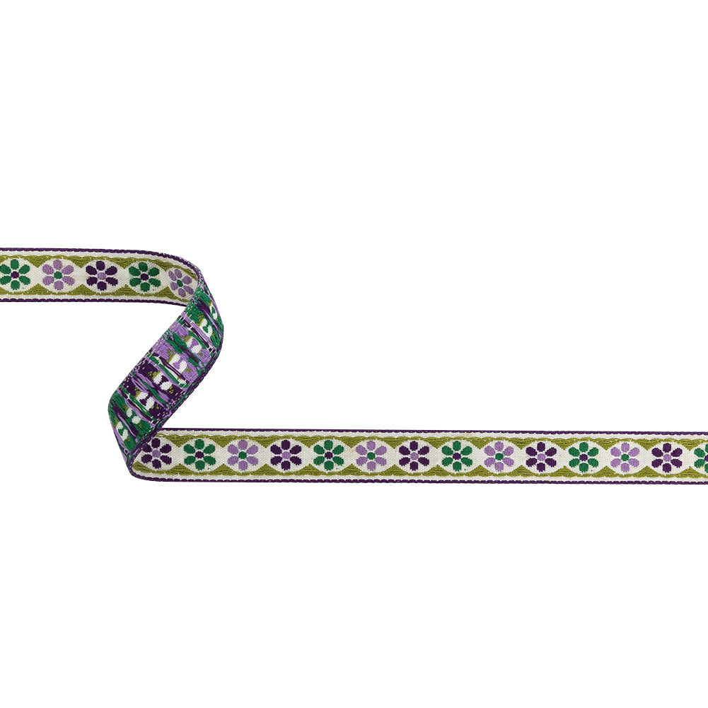 Green, Off-White and Purple Floral German Jacquard Cotton Ribbon - 0.625"