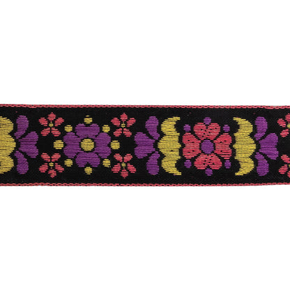 Black, Pink, Yellow and Sunset Purple Floral German Jacquard Cotton Ribbon - 0.9375" Detail
