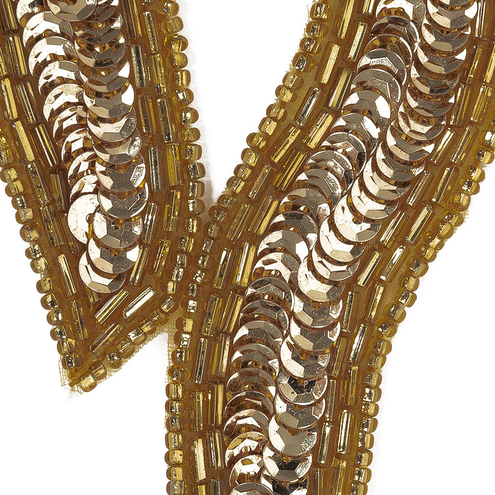 Fleur De Lis, Glamour Gold and Jurassic Gold Beaded and Sequins Applique - 5.625" x 2.5" Detail
