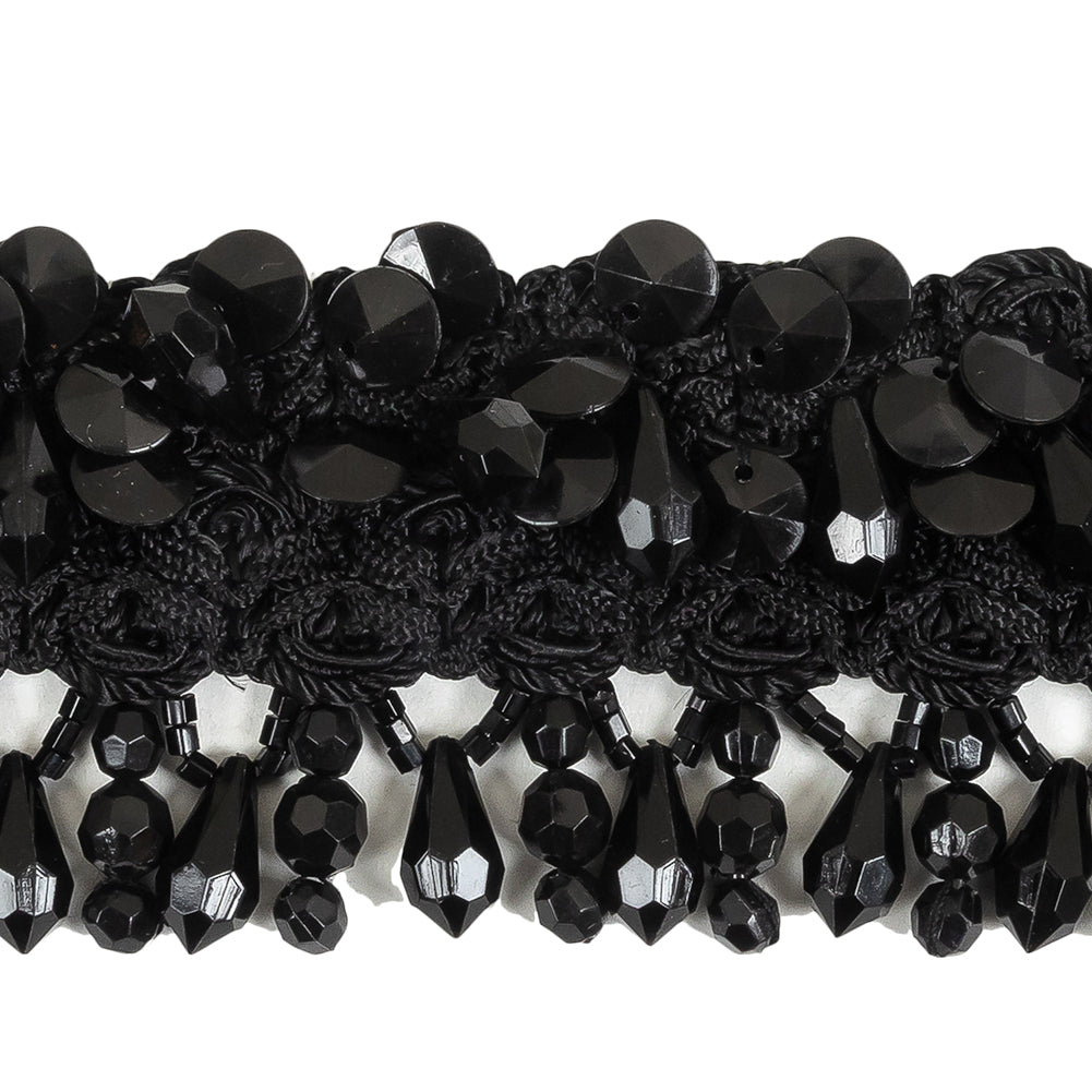 Vintage Black Ornate Braided Trim with Beaded Fringe - 2.25" Detail