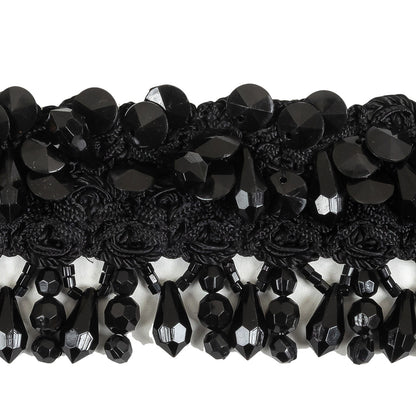 Vintage Black Ornate Braided Trim with Beaded Fringe - 2.25" Detail