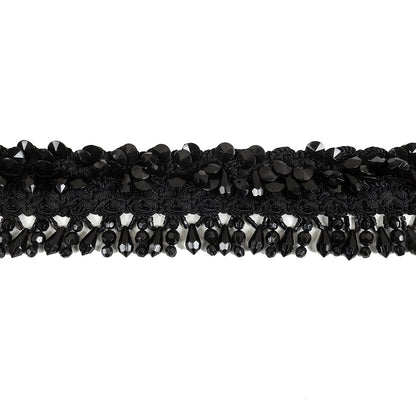Vintage Black Ornate Braided Trim with Beaded Fringe - 2.25"