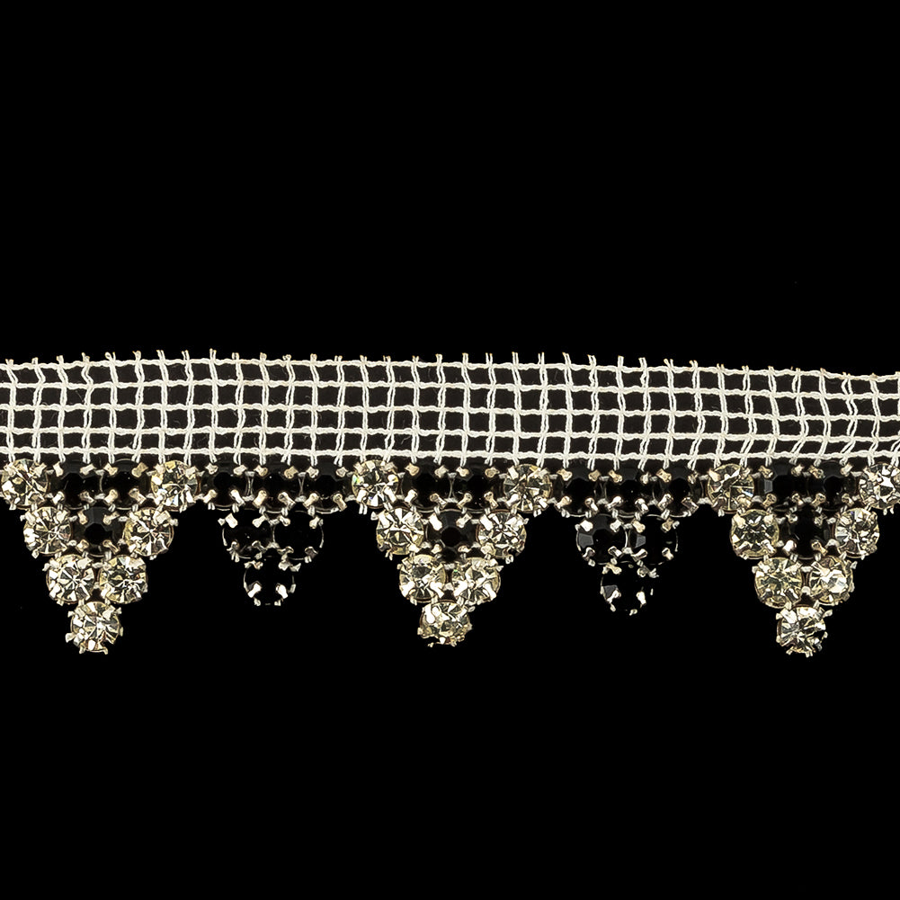 Vintage Czech Crystal and Jet Rhinestones in Silver Settings on White Mesh Trimming - 1.1875" Detail