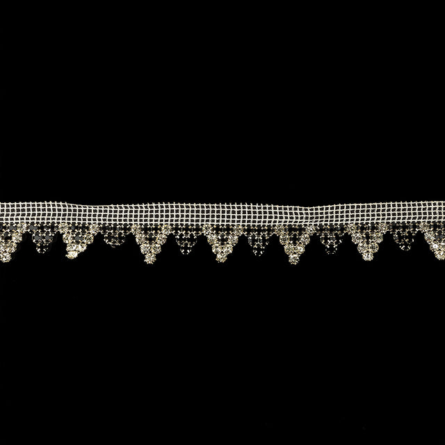 Vintage Czech Crystal and Jet Rhinestones in Silver Settings on White Mesh Trimming - 1.1875"