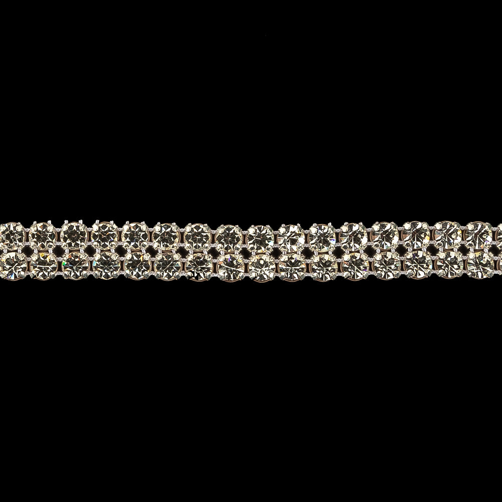 Vintage Two Row Crystal Rhinestones in Silver Prong Settings on White Mesh - 0.375" Detail
