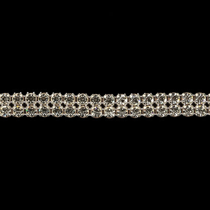 Vintage Two Row Crystal Rhinestones in Silver Prong Settings on White Mesh - 0.375" Detail
