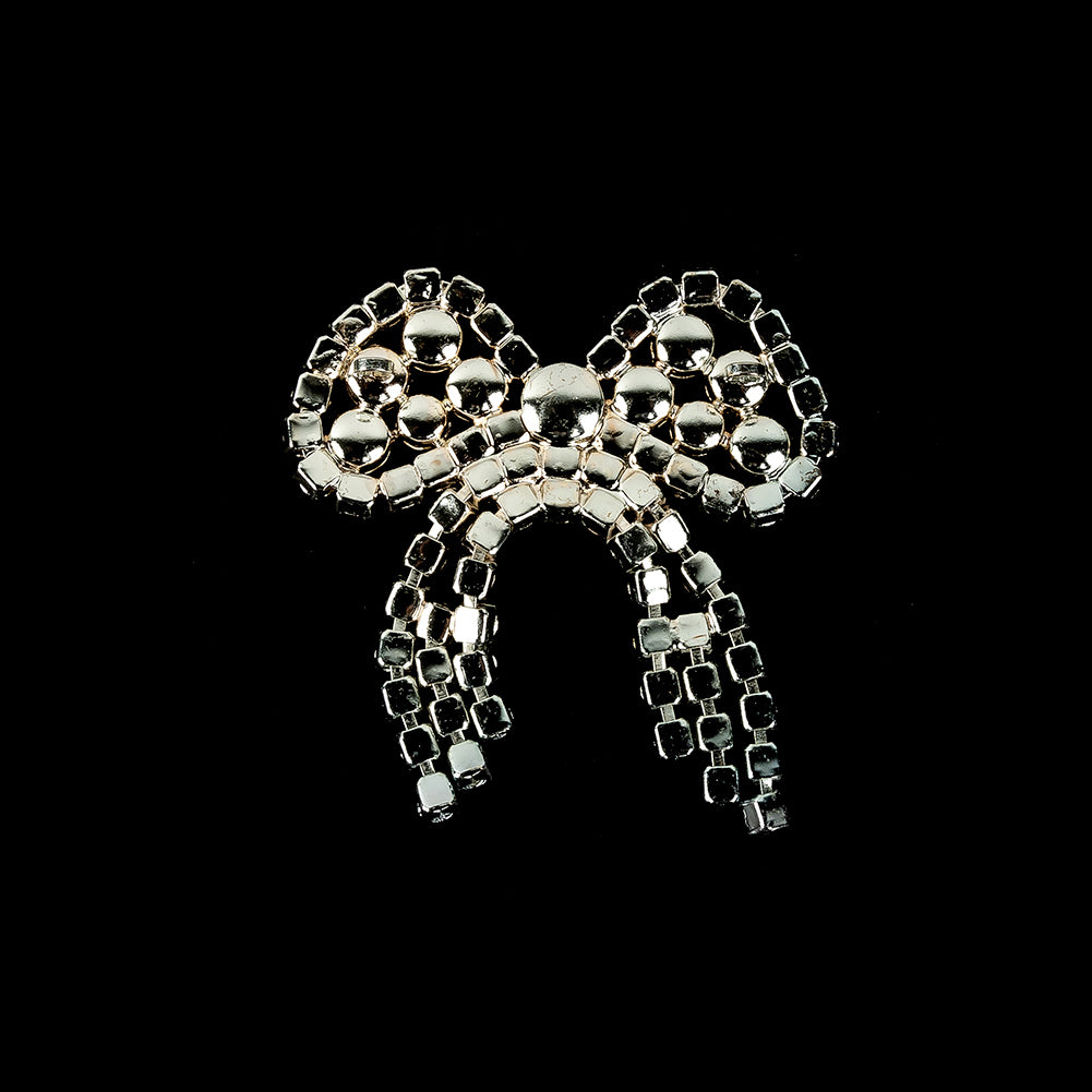 Vintage Czech Crystal Rhinestones and Silver Metal Bow Dress Ornament - 1.75" x 1.625" Folded