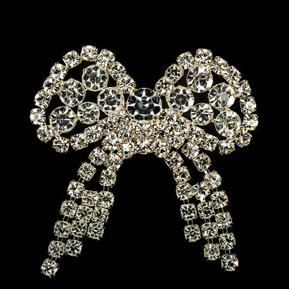 Vintage Czech Crystal Rhinestones and Silver Metal Bow Dress Ornament - 1.75" x 1.625" Detail